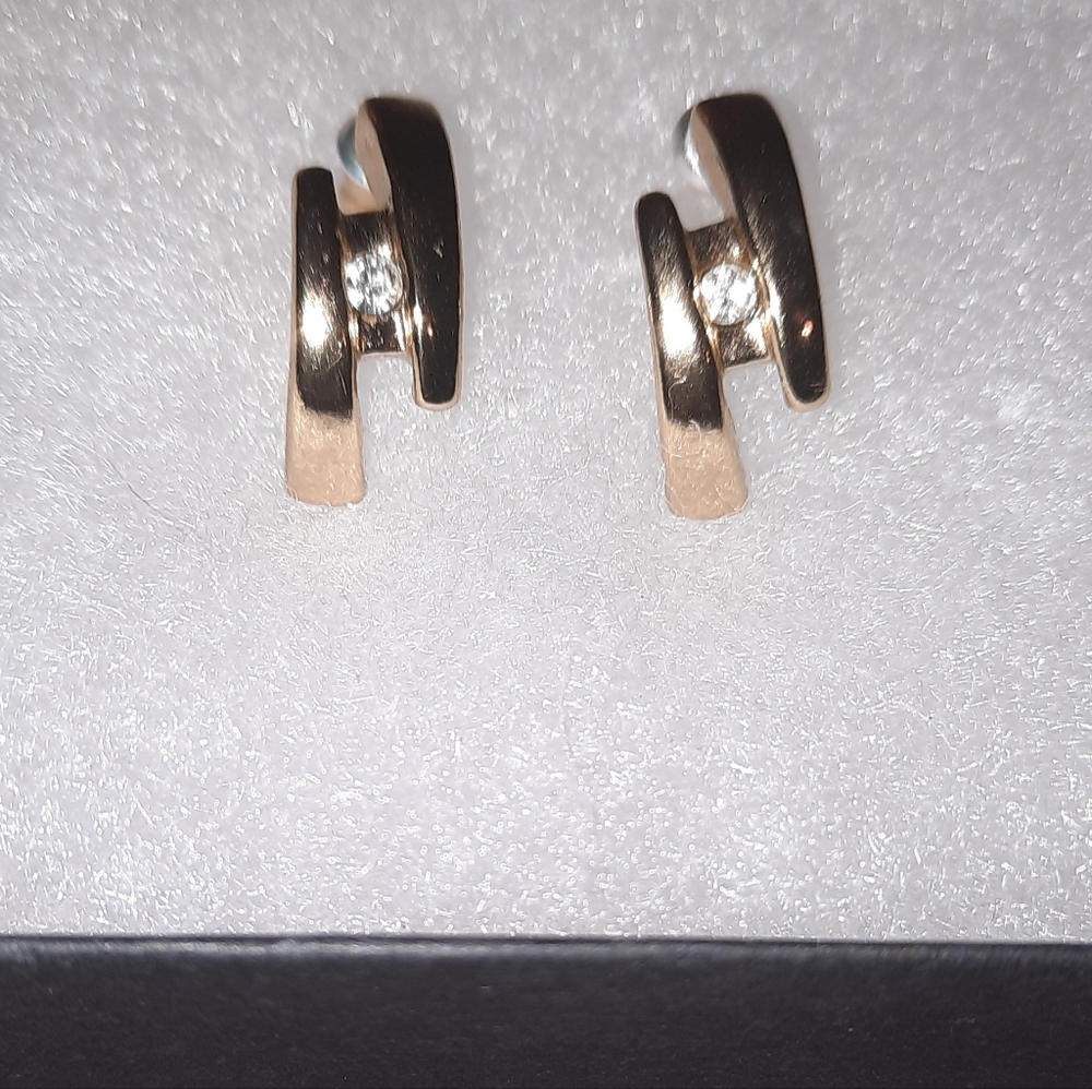 Signed stylized classy gold plated cz half hoop earrings
